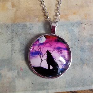 Wolf Cabochon Glass Glowing Pendant Necklace